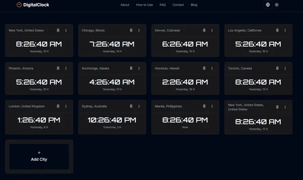 Digital world clock interface with multiple time zones
