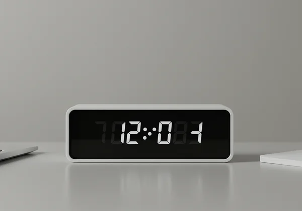 Minimalist digital clock on a clear workspace