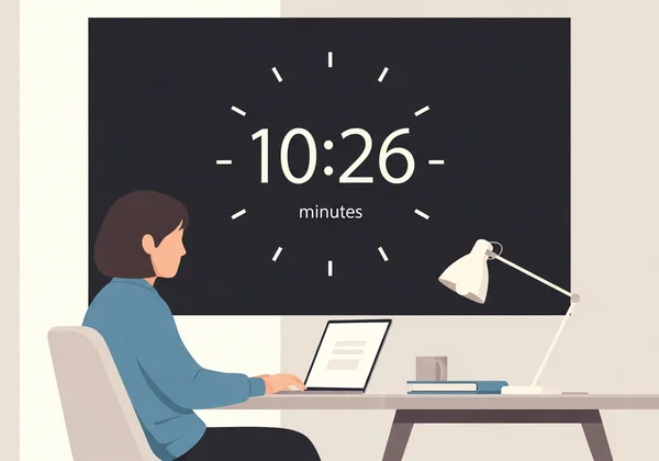 Человек работает за столом с крупными цифровыми часами на экране