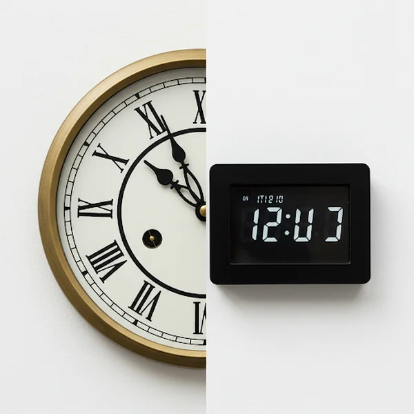 Close-up of a blue backlit digital alarm clock displaying 08:45