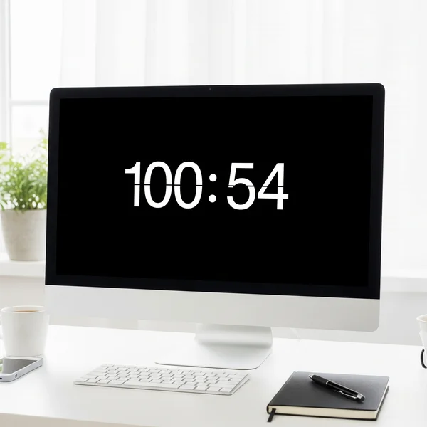 Jam digital layar penuh di meja yang berfungsi sebagai alat fokus.
