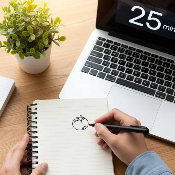 Menggunakan jam digital online untuk mengatur waktu pomodoro 25 menit.
