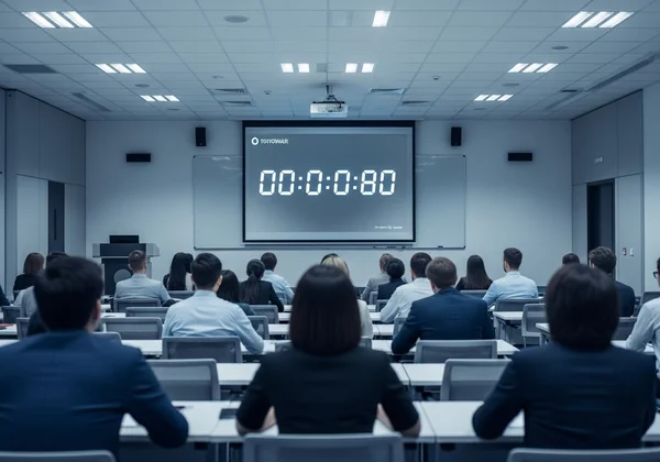 Large digital clock on screen during a classroom presentation