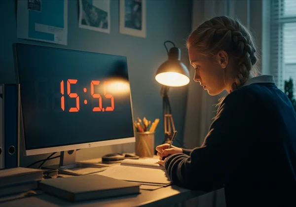 Student focused on a fullscreen digital timer for studying
