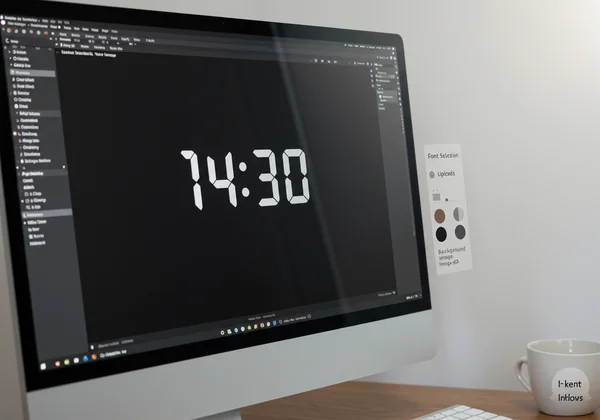A computer screen showing a fullscreen digital clock with customization options