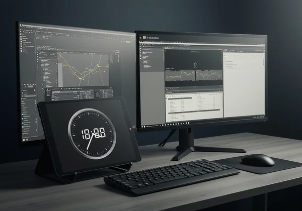 Professional workspace with a digital clock on second monitor.