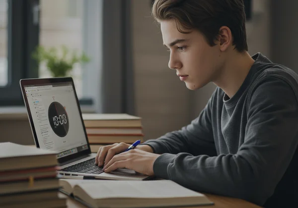Student focusing on a laptop with a fullscreen digital timer.