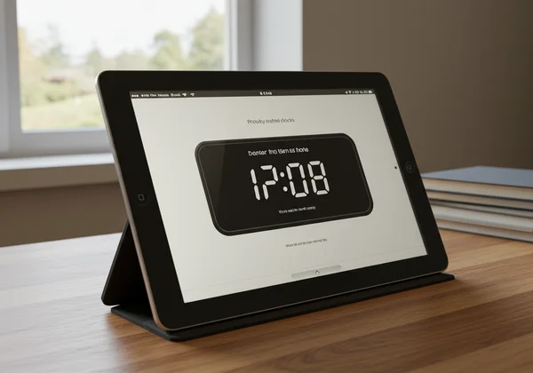 Old tablet on desk used as a dedicated digital clock
