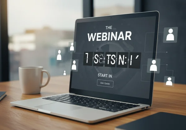 Webinar waiting room with a large countdown timer on screen.