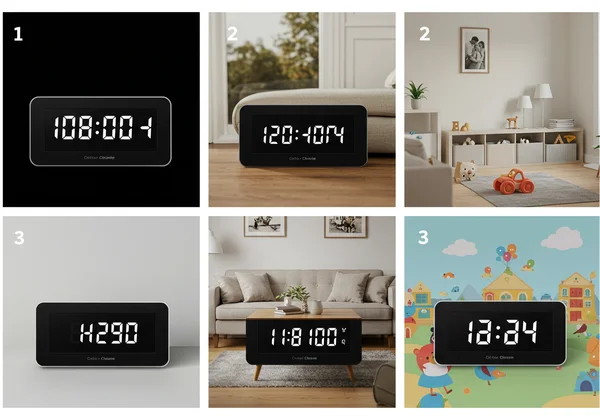 Ejemplos de estilos de reloj digital personalizables para diferentes habitaciones