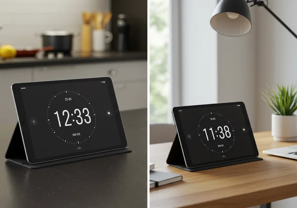 Tablet digital clock placed in a modern kitchen or office