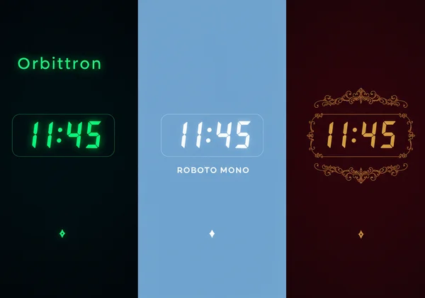 Examples of digital clock fonts and color palettes