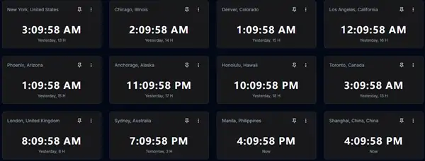 Time display for multiple cities like New York, London, and Tokyo.