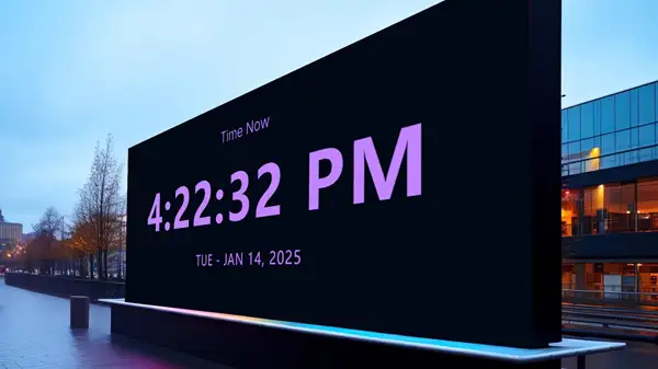 Dynamic digital clock display showing screen burn prevention features.